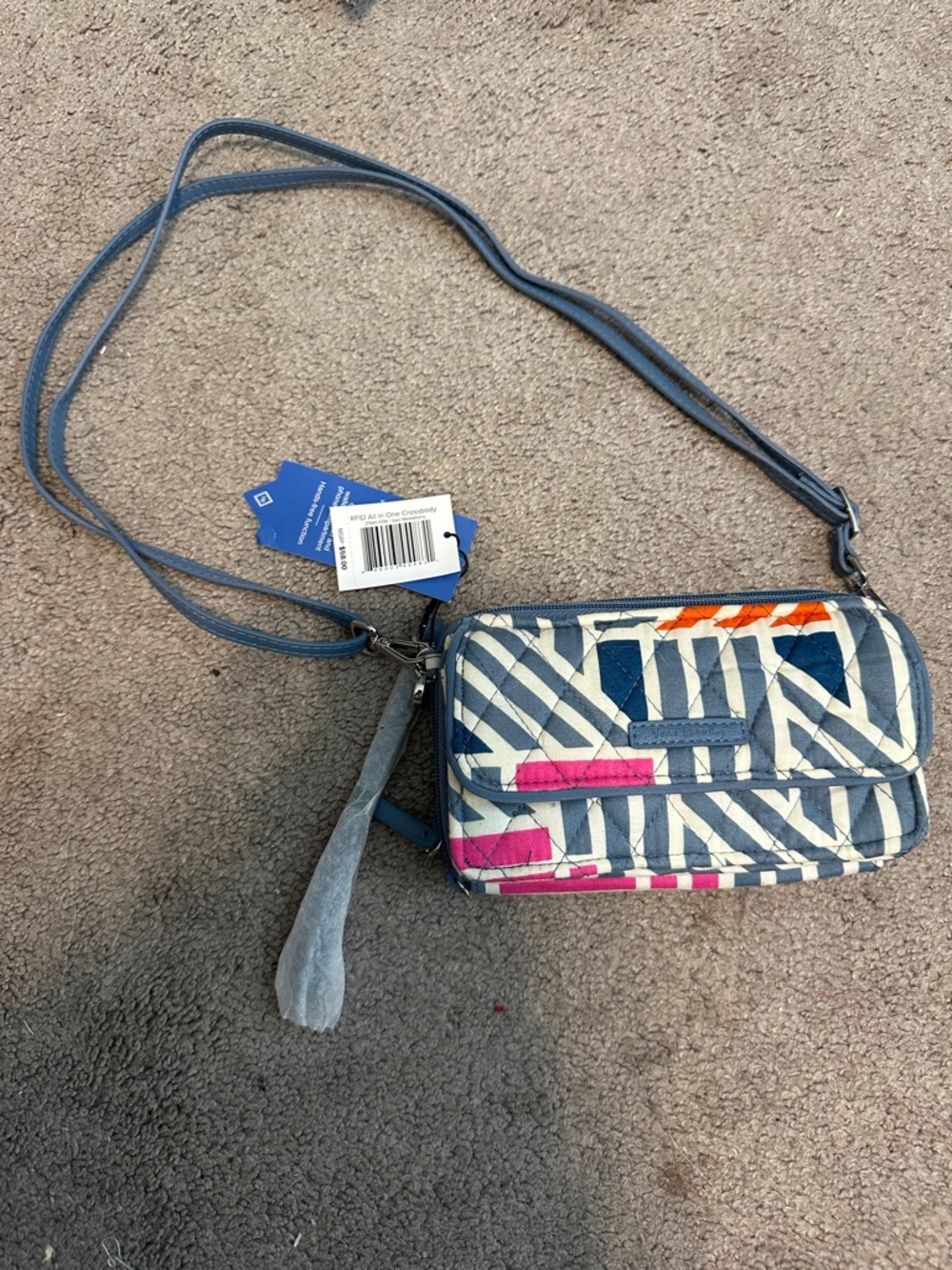 Vera Bradley Blue Cream Geometric Crossbody with Pink & Orange Accents
